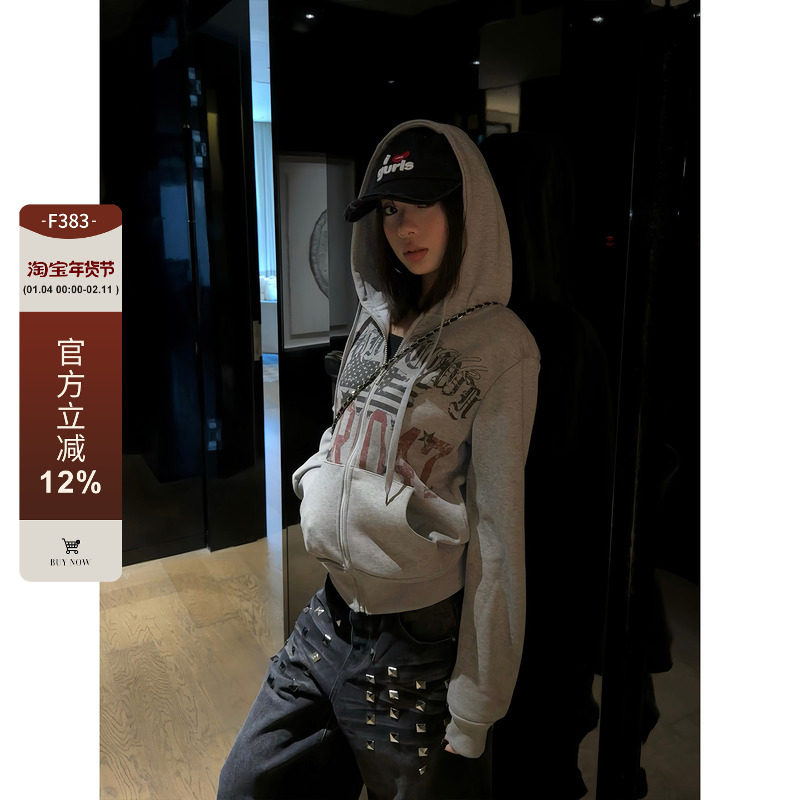 F383 美式复古街头字母印花连帽卫衣男女加绒潮牌情侣帽衫外套ins