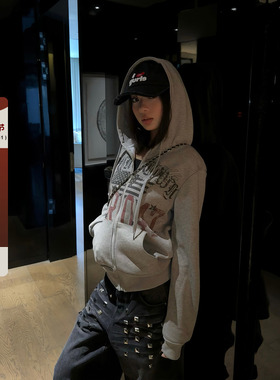 F383 美式复古街头字母印花连帽卫衣男女加绒潮牌情侣帽衫外套ins