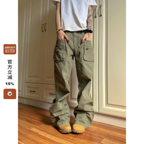 【F383】拉链口袋工装裤