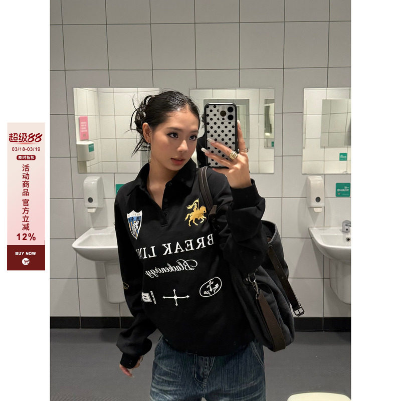 F383 美式复古翻领潮牌印花长袖POLO衫男女宽松街头风情侣T恤上衣