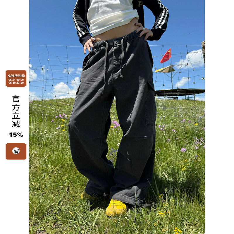 F383 美式复古多口袋水洗宽松工装裤男女款做旧抽绳阔腿裤子潮ins