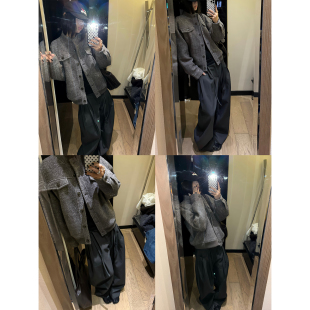 F383 美式复古立领小香风开衫夹克女秋冬款宽松慵懒做旧毛呢外套