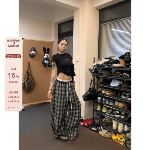 【F383】双腰头拼接格子裤