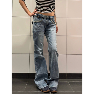 显瘦长裤 F383 女设计感百搭直筒修身 复古豹纹拼接水洗牛仔裤 美式