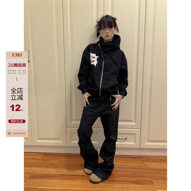 F383 2025美式重磅奇异拉链发泡连帽卫衣男女潮cleanfit宽松外套