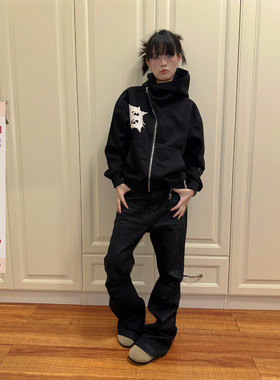 F383 2025美式重磅奇异拉链发泡连帽卫衣男女潮cleanfit宽松外套