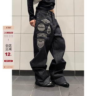 F383 美式复古高街贴布刺绣原牛色牛仔裤男女宽松直筒百搭长裤ins