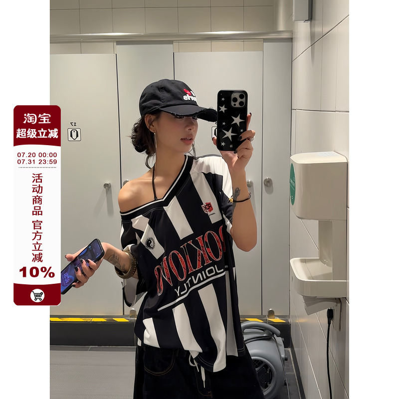 F383 美式复古V领球衣短袖女撞色拼接条纹T恤辣妹宽松休闲上衣潮