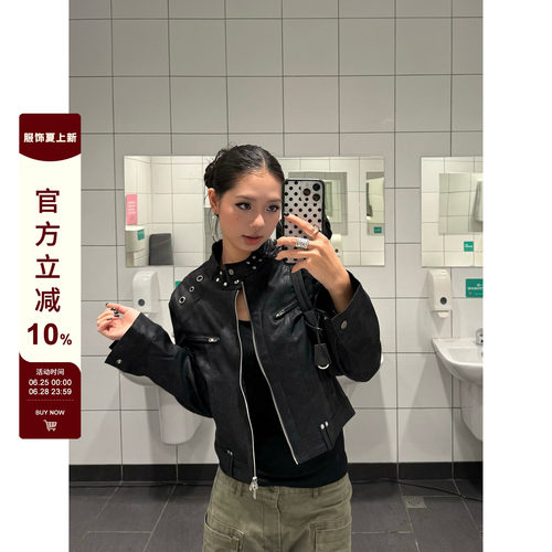 【F383】辣妹设计感立领皮衣夹克