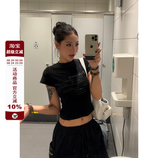 2025夏季 短款 F383 甜辣妹风烫钻修身 上衣潮 T恤女美式 正肩休闲短袖