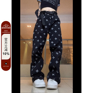 宽松阔腿垂感拖地牛仔裤 F383 2022AW国潮原创满印复古高腰直筒裤