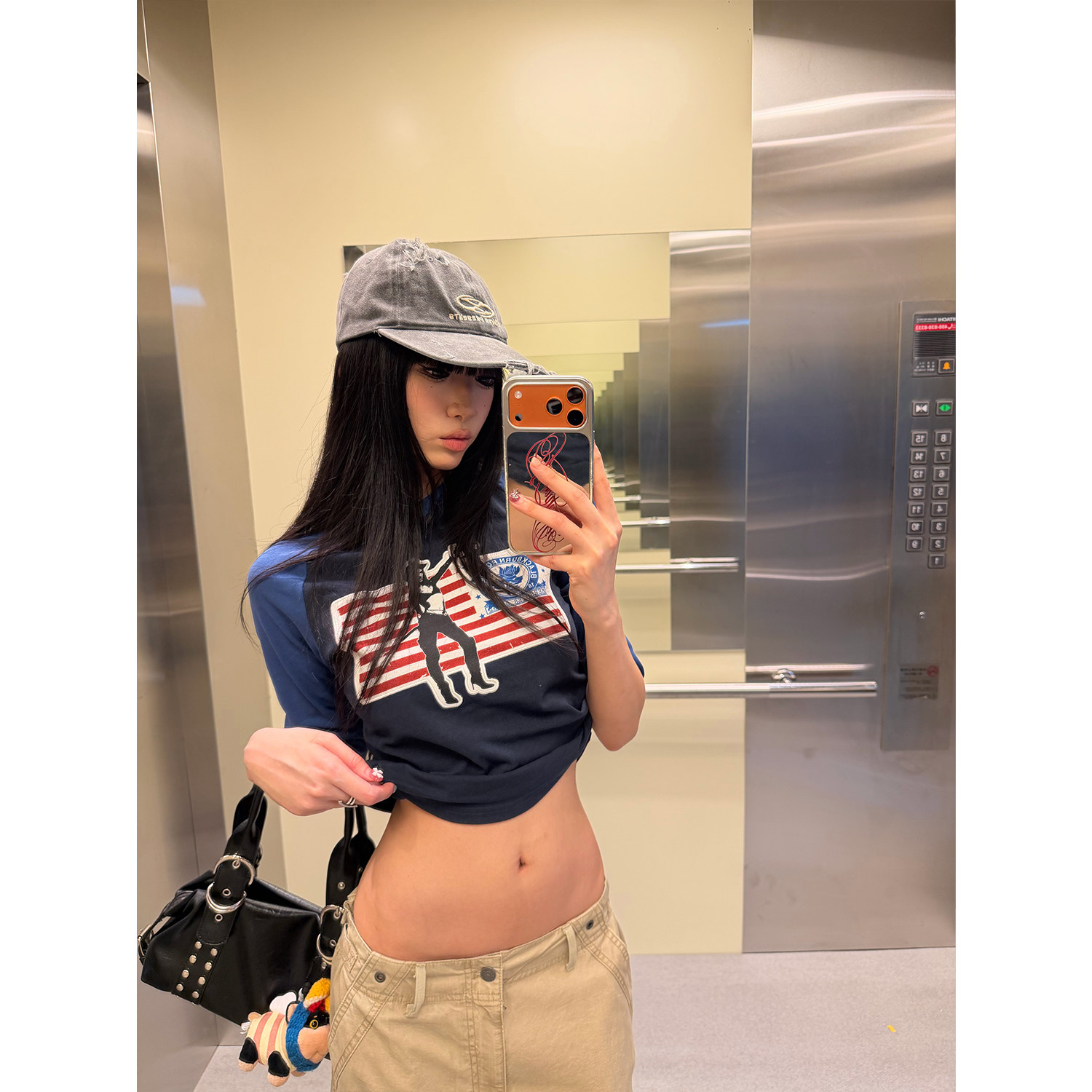 FFR 美式复古撞色旗帜人物印花五分袖T恤女夏季修身显瘦打底上衣