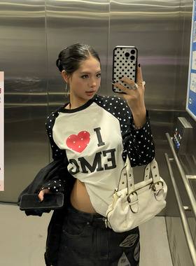 F383 美式复古趣味裂纹印花拼色星星长袖T恤女宽松休闲百搭上衣潮