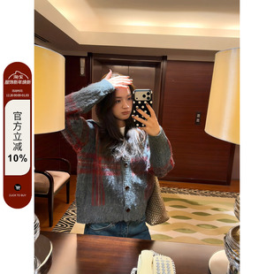 女高级感慵懒风宽松毛衣ins 复古美拉德条纹翻领针织开衫 F383 美式