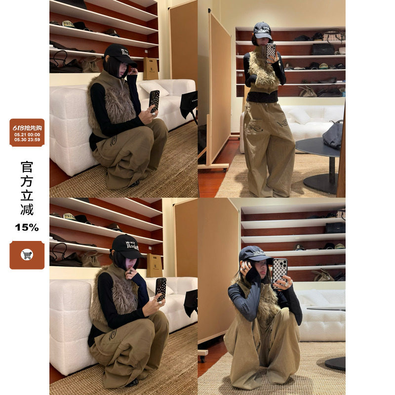 F383 美式复古辣妹立领羊羔毛无袖马甲女慵懒百搭叠穿保暖外套ins