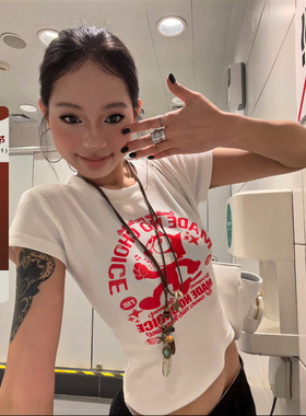 F383 2025美式复古印花设计正肩修身短袖T恤辣妹上衣显瘦百搭女