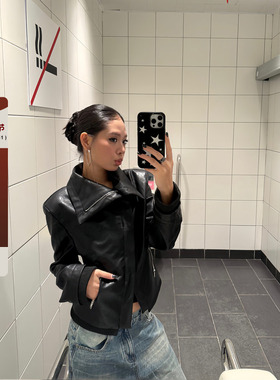 F383 美式复古拼接翻领斜边拉链修身显瘦百搭皮革夹克短外套女ins