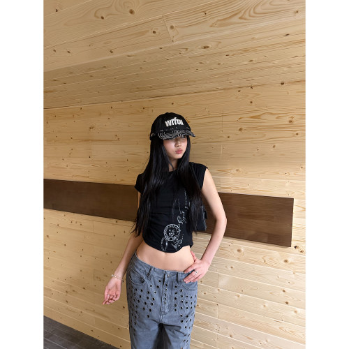 F383辣妹黑色印花短袖T恤