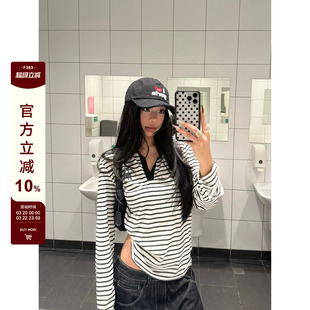 F383 美式复古慵懒感撞色polo翻领条纹长袖t恤女设计感v领上衣ins