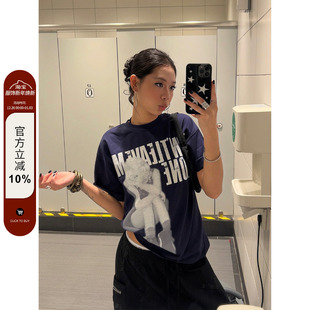 上衣男女 复古人像印花T恤oversize小众设计宽松短袖 F383 2025美式