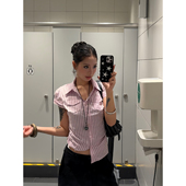 短袖 粉色条纹正肩掐腰剪裁设计感衬衫 女上衣百搭潮辣妹 夏季 F383