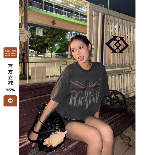 F383 美式复古旗帜字母印花短袖T恤男女宽松高街做旧休闲圆领上衣