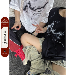 潮牌宽松情侣装 F383 T恤男女夏季 闪电印花短袖 2023AW国潮原创美式
