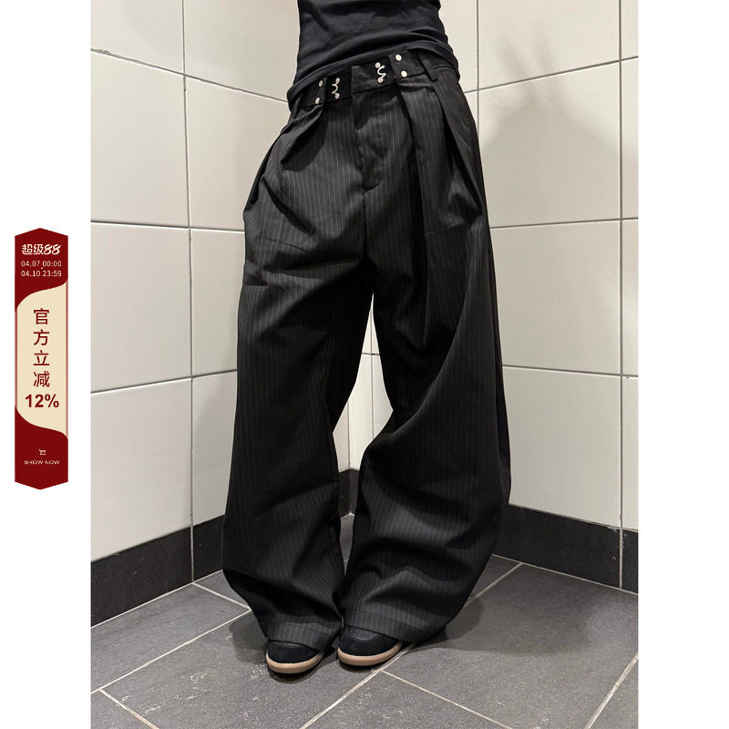 F383 美式复古条纹褶皱弯刀西裤男女cleanfit廓形高级感休闲裤子