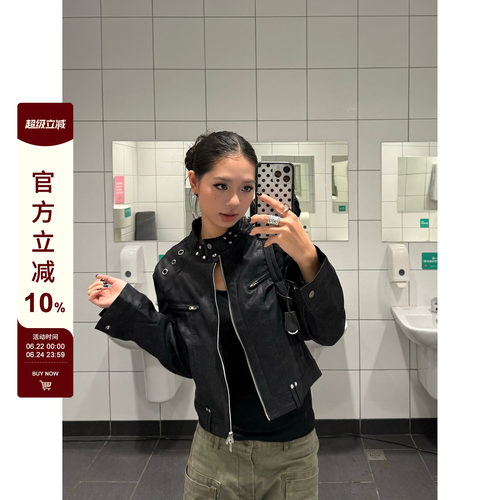【F383】辣妹设计感立领皮衣夹克