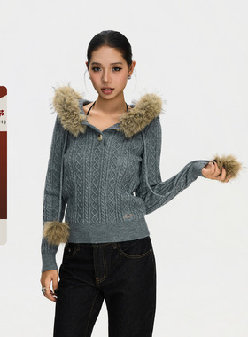 F383 美式复古灰色大毛领连帽毛衣女修身显瘦软糯麻花针织上衣ins