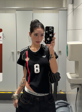 F383 2025美式复古运动风球衣短袖夏T恤条纹V领正肩显瘦百搭女ins