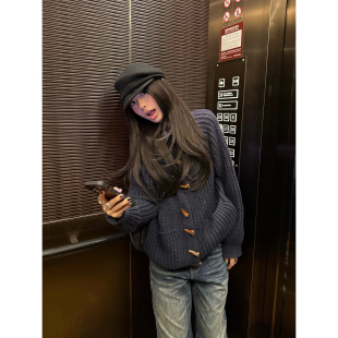 外套 复古设计感牛角扣麻花立领针织毛衣女秋冬慵懒毛衫 F383 美式