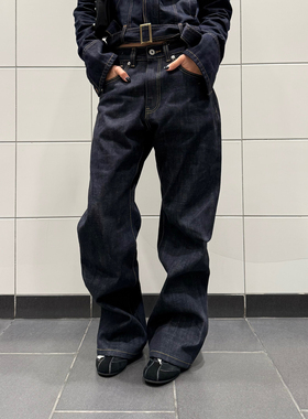 F383 美式复古赤耳蓝色白边撞色口袋牛仔裤男女宽松百搭直筒长裤
