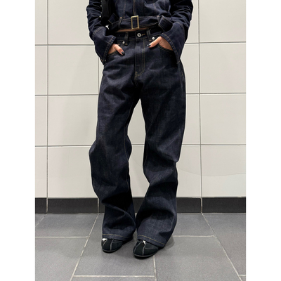 F383赤耳蓝色白边撞色口袋牛仔裤