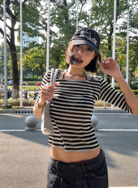 F383 美式复古辣妹中袖撞色条纹T恤女款圆领修身显瘦百搭打底上衣