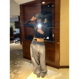 女宽松显瘦百搭垂感长裤 复古设计感拼接格子阔腿休闲裤 美式 F383