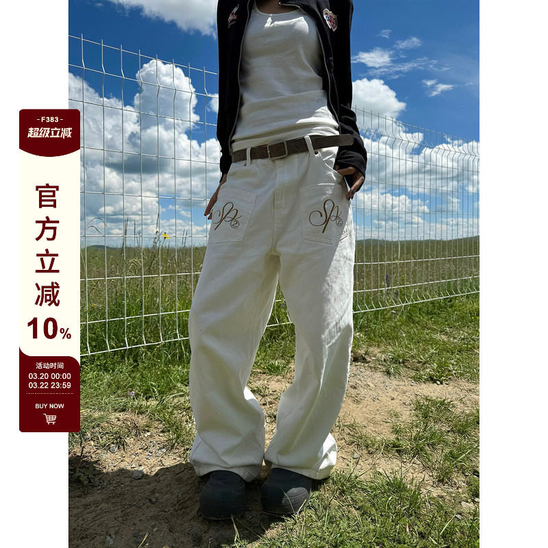 F383 美式复古刺绣水洗弯刀牛仔裤设计感直筒休闲阔腿百搭长裤潮