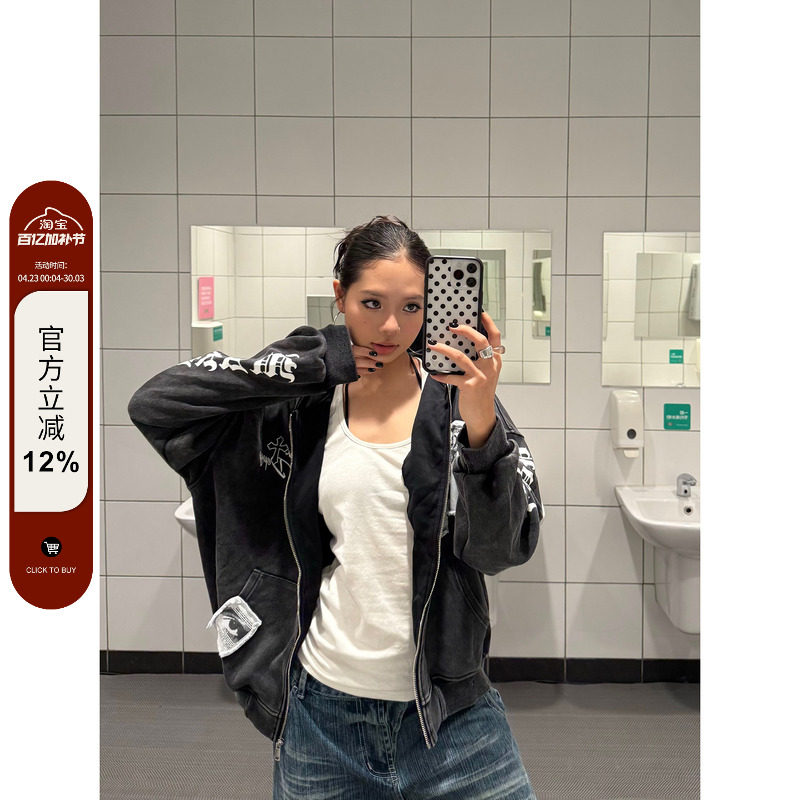 F383 美式复古嘻哈贴布水洗开衫连帽卫衣男女宽松情侣休闲外套ins