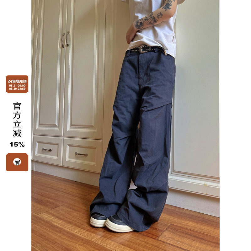 F383 2024美式复古做旧灰色工装男款褶皱垂感微喇cleanfit休闲裤