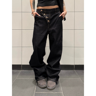 宽松休闲百搭长裤 复古斜襟单排扣设计感阔腿牛仔裤 男女 美式 F383