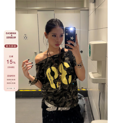 【F383】迷彩斜肩设计感短袖