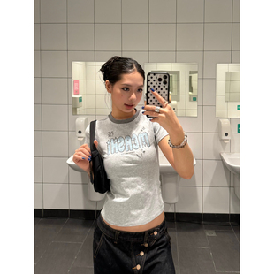 休闲百搭短袖 F383 字母贴布绣圆领上衣夏季 复古正肩短款 T恤女 美式