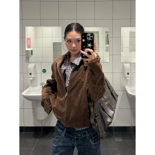 F383 复古咖色绒皮哈灵顿立领夹克男女宽松休闲麂皮外套情侣 美式