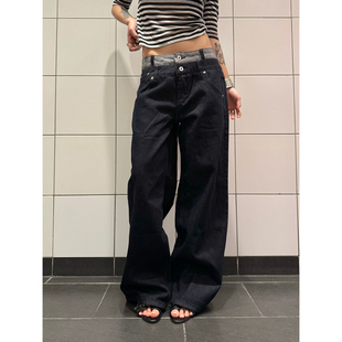 男女设计感原色休闲长裤 复古双腰头解构拼接直筒牛仔裤 美式 F383