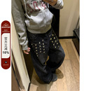 男女宽松休闲百搭潮流拖地长裤 复古水洗铆钉阔腿牛仔裤 美式 F383