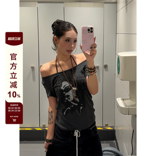 F383 2025美式复古辣妹人像字母印花短袖T恤修身设计感显瘦上衣女