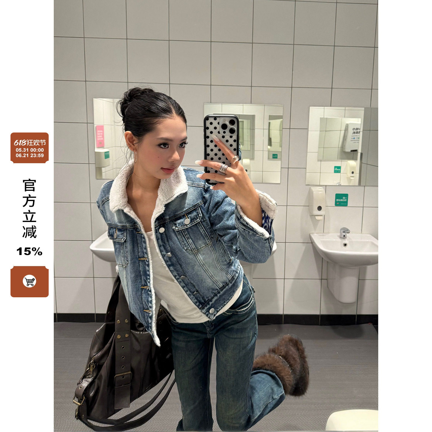 F383 美式复古羊羔绒牛仔夹克棉服男女短款加厚保暖翻领棉衣外套