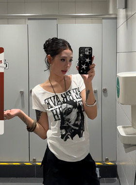 F383 美式复古辣妹人像字母印花短袖T恤修身设计感显瘦上衣女夏季