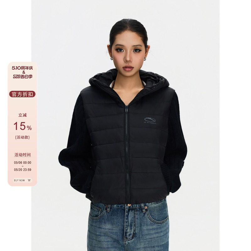 F383 美式复古连帽拼接针织长袖羽绒服男女高级感休闲百搭外套ins