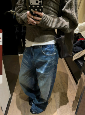 F383 美式复古猫须水洗蓝磨白牛仔裤做旧纹理感直筒宽松休闲长裤